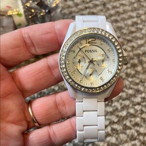Fossil White and Silver Watch with Crystal Accents